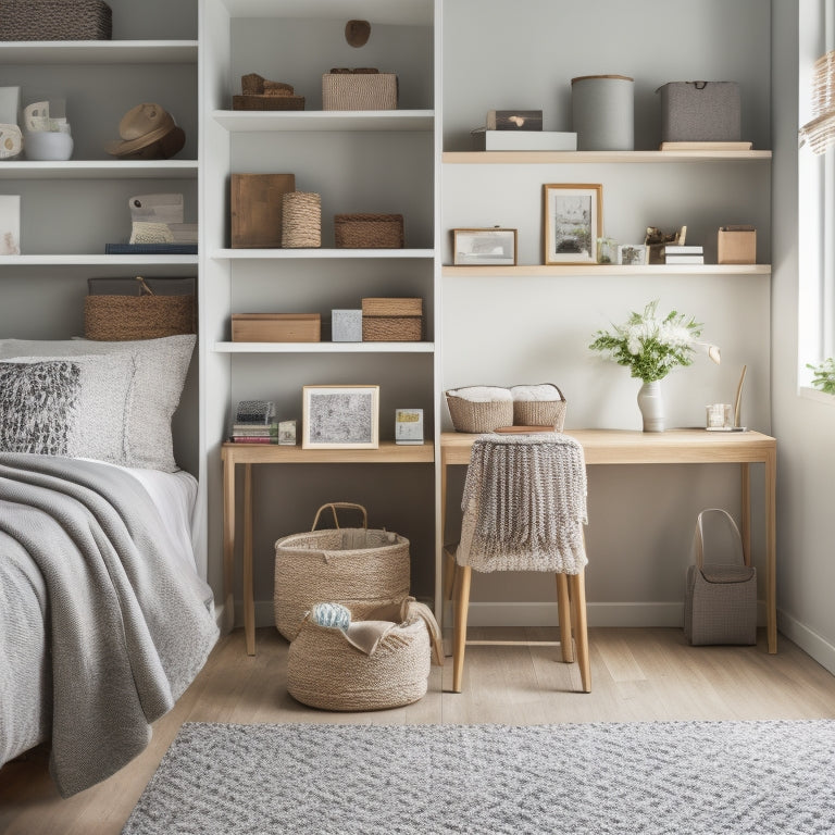 A serene, clutter-free small bedroom with a plush bed, a compact desk, and a tall, narrow bookshelf against a soft gray wall, with woven baskets and woven storage bins.
