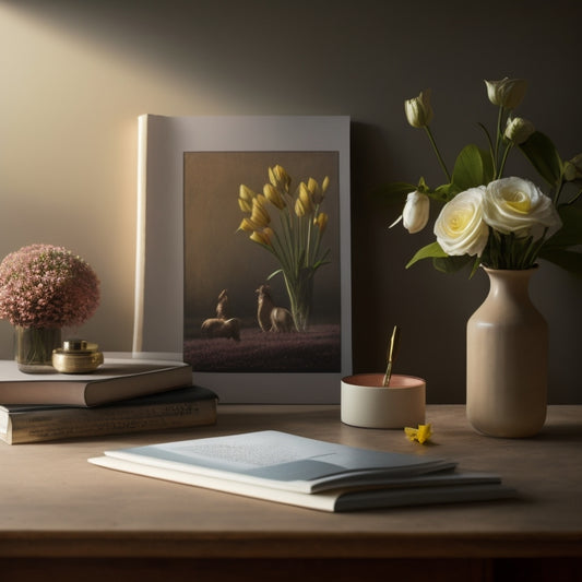 A serene, minimalist workspace with a few select art supplies, a vase with fresh flowers, and a single, open journal, surrounded by a subtle, warm glow, evoking a sense of calm creativity.