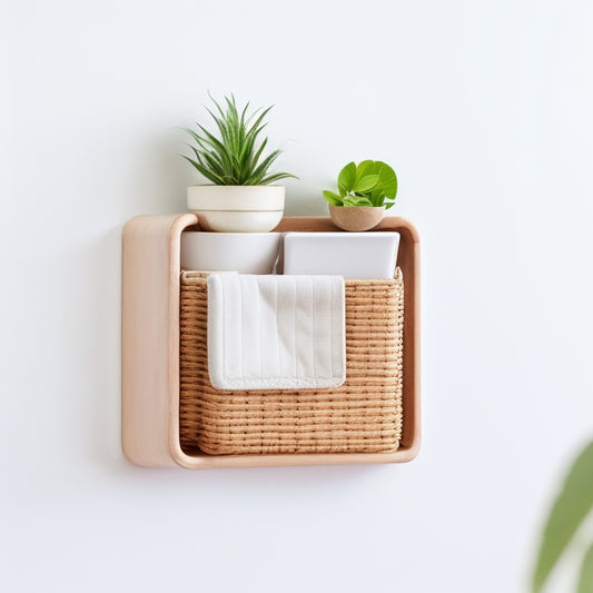 A minimalist, modern wall pocket organizer with 5 compartments in varying sizes, made of natural wood and woven rattan, against a soft, creamy white background, with a few decorative plants nearby.