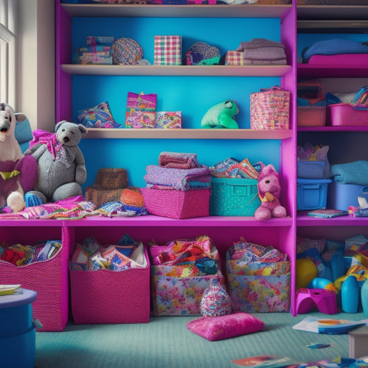 A cluttered room with toys, books, and clothes scattered everywhere, transformed into a tidy space with colorful, fabric-covered DIY storage bins of various shapes and sizes, neatly labeled with ribbons.