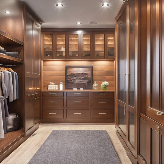 A serene, high-end closet interior with rich, dark wood tones, sleek chrome hardware, and ambient soft lighting, featuring a floor-to-ceiling shelving system, a velvet-lined jewelry drawer, and a built-in bench.