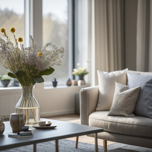 An organized living room with a few, tastefully arranged decorative items, a vase with fresh flowers, and a large window with natural light pouring in, surrounded by minimalist furniture.