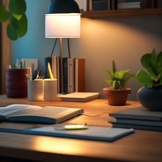 A serene, minimalist workspace with a wooden desk, a single, glowing lamp, and a few, carefully arranged, colorful file folders, surrounded by a subtle, blurred background of books and plants.