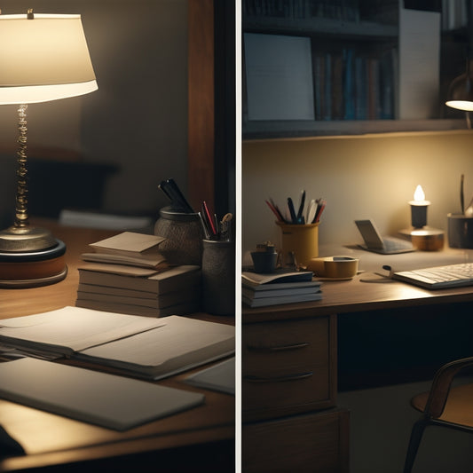 A split-screen image featuring a cluttered, dimly lit desk with scattered papers and a broken pencil on one side, and a sleek, modern workspace with a glowing laptop and organized notebooks on the other.