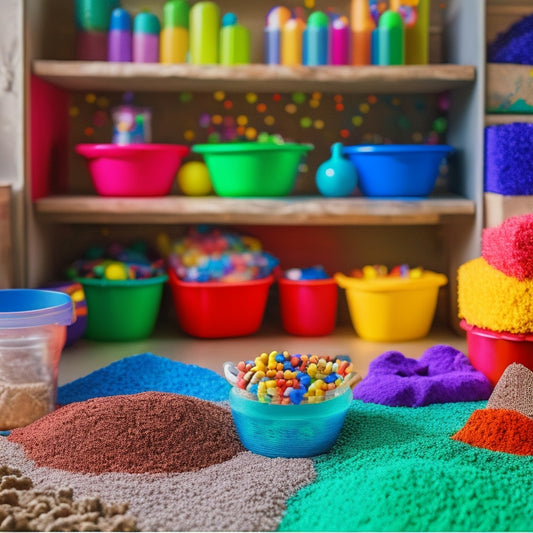 A colorful, clutter-free workspace featuring 5-7 sensory bins filled with varied textures like beads, rice, and sand, surrounded by toys, blocks, and curious, engaged children in the background.