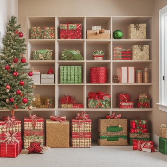 A colorful, clutter-free storage area with neatly stacked, labeled bins in red and green, filled with ornaments, garlands, and festive decorations, surrounded by wrapped gifts and a mini Christmas tree.