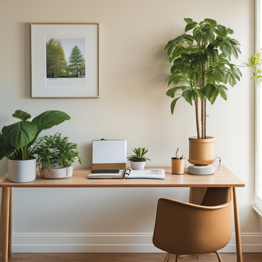 A serene, minimalist home office with a sleek wooden desk, a few neatly labeled files, and a small potted plant, set against a soft, creamy white background, with plenty of negative space.