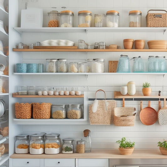 A bright and airy kitchen with tidy rows of labeled glass jars on a wooden pantry shelf, alongside a utensil organizer and a pegboard with hanging pots and pans.
