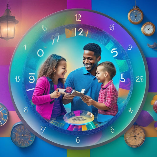A colorful, modern illustration of a happy family of four (two kids, a mom, and a dad) surrounded by swirling calendar pages, clocks, and icons of daily tasks, with a subtle glow of organization and harmony.