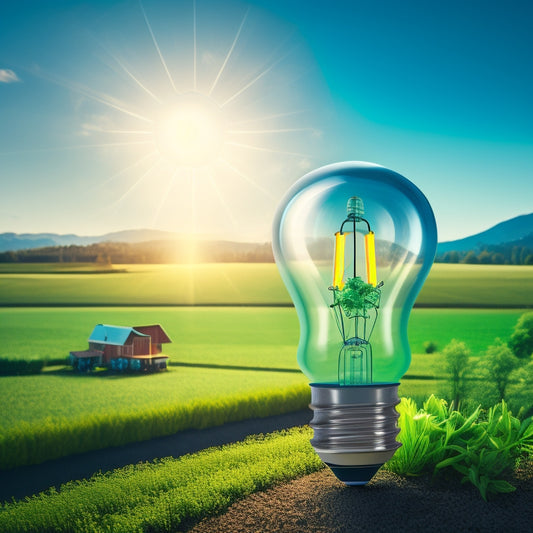 A stylized illustration of a lightbulb surrounded by interconnected gears, with a subtle farm and community scene in the background, incorporating shades of green and blue to evoke growth and innovation.