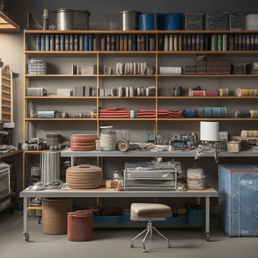 A tidy workshop with rows of labeled, stacked rolls of various materials (fabric, paper, vinyl) on sleek, metallic shelving units, surrounded by clutter-free tables and well-organized tools.