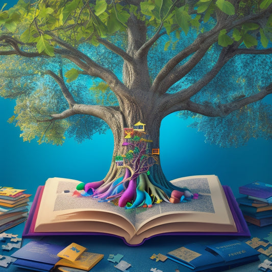 A vibrant illustration of interconnected puzzle pieces forming a tree, with diverse, colorful leaves representing students, surrounded by subtle, swirling patterns of books, pencils, and learning symbols.