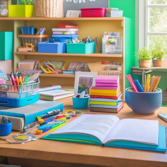 A cluttered home office with stacks of papers, scattered pens, and a broken desk organizer, surrounded by a faint outline of a customizable home storage planner with colorful tabs and a tidy workspace in the background.