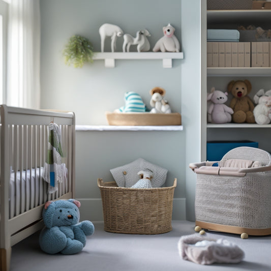 A serene nursery scene featuring a tidy crib, a few toys and books on a minimalist shelf, and a changing station with a small, organized storage basket.