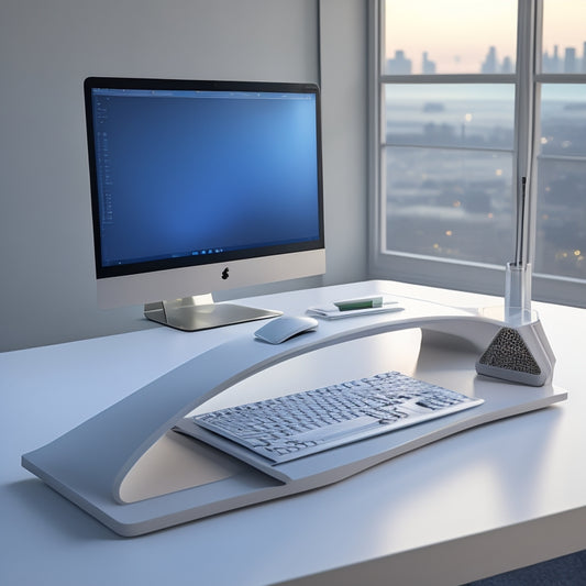 A futuristic, minimalist desk with a sleek, silver display stand in the center, sporting a customizable 3D-printed design, surrounded by scattered 3D modeling tools and a laptop with a 3D design software open.