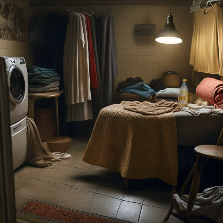 A dimly lit laundry room with piles of dirty clothes spilling out of the hamper, tangled threads snaking across the floor, and a worn-out ironing board cluttered with wrinkled shirts.