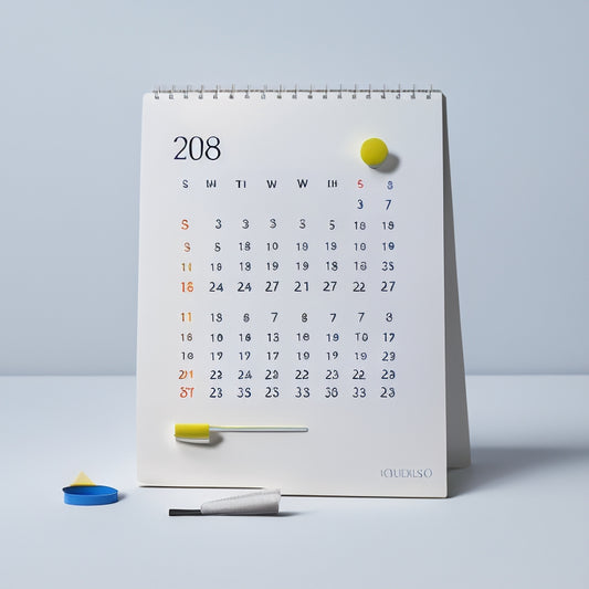 A minimalist calendar with 30 numbered days, each containing a small, colorful icon representing a decluttering task, such as a broom, trash can, or folder, set against a clean, white background.