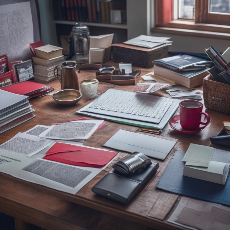 A cluttered home office desk with scattered papers, files, and folders, a coffee cup, and a laptop, surrounded by stacks of documents with red "Confidential" stamps and torn envelopes.