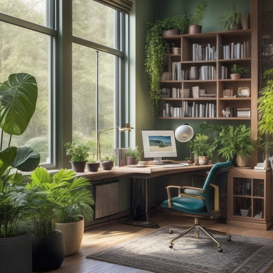 A serene home office with a wooden desk, ergonomic chair, and floor-to-ceiling bookshelves, surrounded by lush green plants and soft, warm lighting, with a cityscape visible through the window.