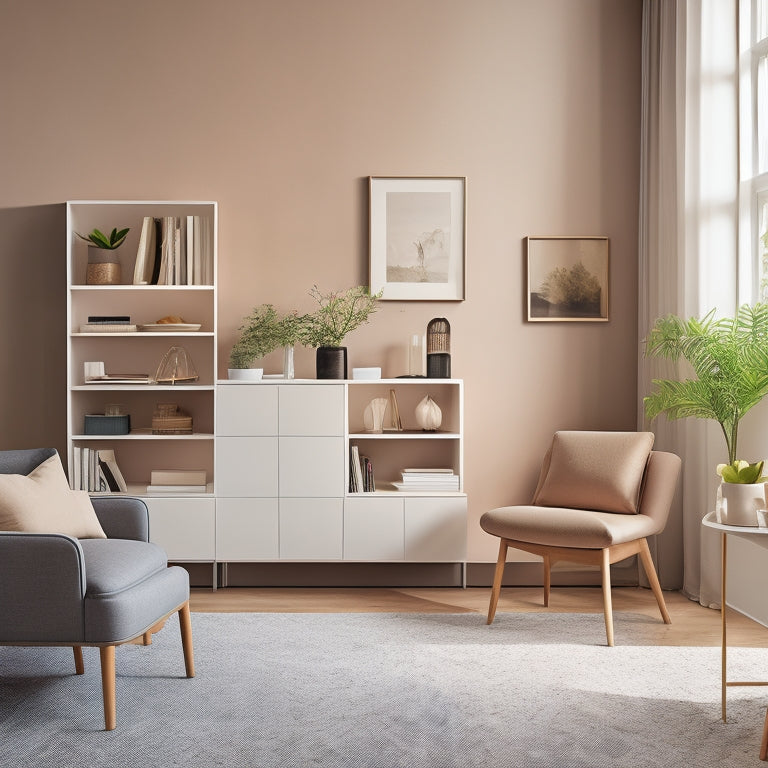 A tidy, modern living room with a minimalist aesthetic, featuring a wall-mounted shelving unit, a storage ottoman, and a compact desk with a built-in cabinet, all in a calming neutral color palette.