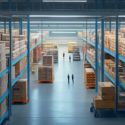 A minimalist illustration of a modern, sleek, and organized warehouse with rows of shelves, automated robots, and a few workers in the background, surrounded by subtle hints of digital connectivity.