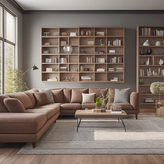 Generate an image of a spacious, warmly lit living room with floor-to-ceiling shelves, a plush sectional sofa, and a minimalist coffee table, surrounded by bespoke storage units in rich wood tones.