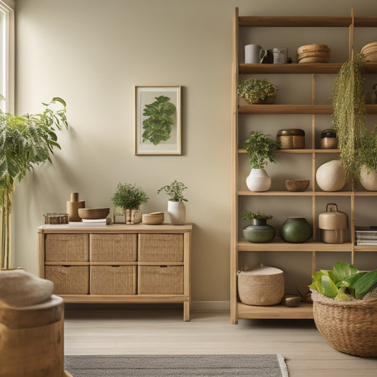 A serene, minimalist room with floor-to-ceiling shelves, baskets, and drawers in natural wood tones, illuminated by soft, warm lighting and a few, well-placed green plants.