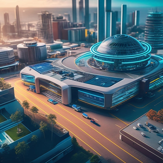 A futuristic college campus with sleek, modern buildings, surrounded by robots, drones, and students typing away on laptops, amidst a swirl of colorful wires, circuits, and gears.