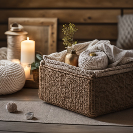 A warmly lit, rustic wooden table holds a crochet cube storage bin in soft, creamy yarn, filled with neatly folded blankets and a few balls of yarn, surrounded by candles and potted greenery.