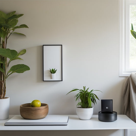 A serene, minimalist living room with a sleek, wall-mounted tablet displaying a digital calendar, surrounded by tidy shelves, a few potted plants, and a minimalist desk with a wireless charging pad.