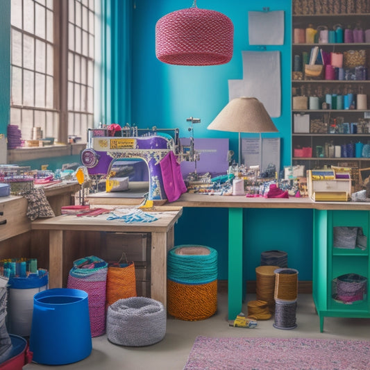 A colorful, clutter-free workspace with scattered fabric scraps, spools of thread, and a few half-finished baskets in various shapes and sizes, surrounded by sewing machines and notions.