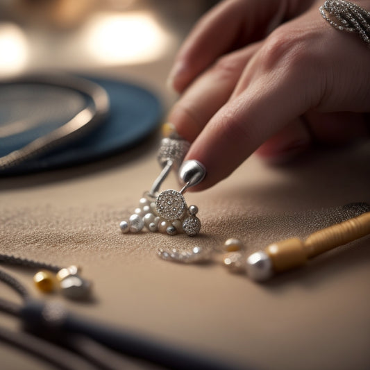 A close-up of a pair of hands holding a beading tool, crimping a small silver bead onto a delicate necklace chain, surrounded by scattered beads and a subtle, blurred background of a workbench.