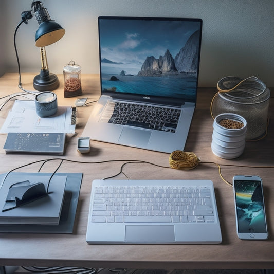 A cluttered desk with a laptop, scattered papers, and tangled cords, next to a minimalist desk with a sleek laptop, a single paper, and organized cords, with a subtle background gradient of chaos to calm.