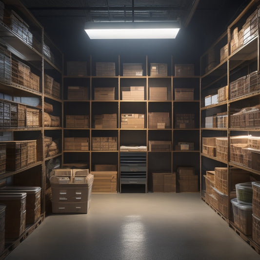A tidy storage unit with labeled bins, stacked crates, and a few organized shelves, illuminated by a single overhead light, with a faintly visible calendar on the back wall.
