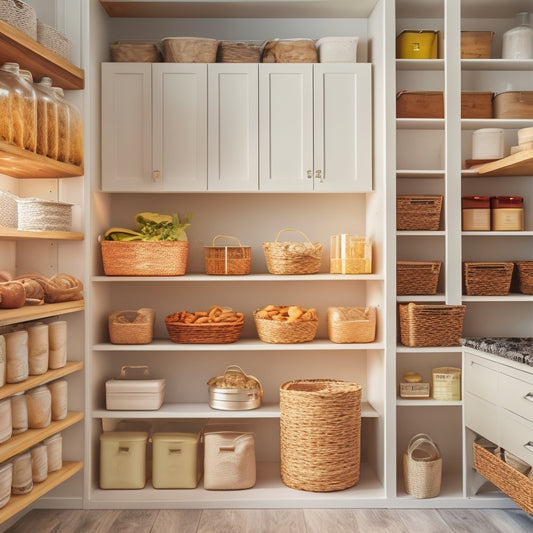 A bright, modern pantry with 3-5 DIY metal bins in various sizes, adorned with rustic wooden labels, sitting on wooden shelves amidst a backdrop of soft, creamy walls and warm lighting.