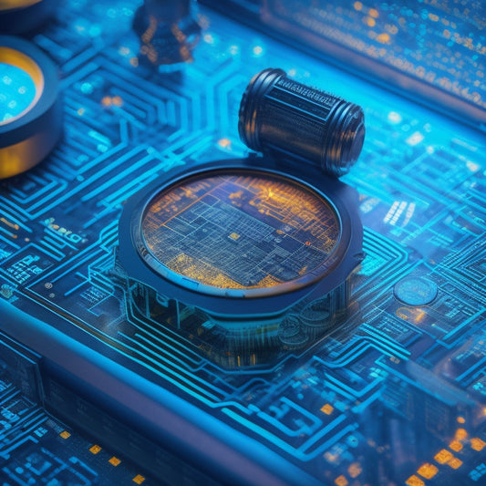 A futuristic, high-tech illustration featuring a magnifying glass hovering above a circuit board, with puzzle pieces fitting together in the background, surrounded by cryptic binary code patterns.