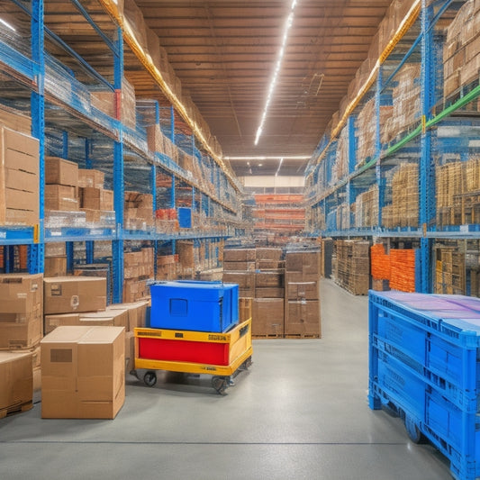 A cluttered warehouse in the background, with crates and boxes stacked haphazardly, transitions into a tidy and organized space in the foreground, with color-coded labels and a tablet displaying a sleek inventory app.