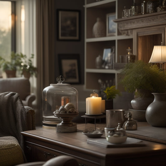 A serene, well-lit senior's living room with a few, carefully selected sentimental items on a polished wooden shelf, surrounded by empty space and minimal, tasteful decor.