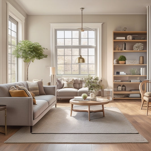 A modern living room with cream-colored walls, dark hardwood floors, and a large window with natural light pouring in, featuring a custom-built shelving unit with staggered wooden planks and metallic accents.
