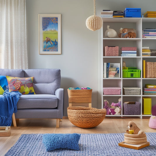 A tidy, naturally lit living room with a few toys and books scattered about, featuring a sleek, wall-mounted shelving unit, woven baskets, and a colorful, labeled storage ottoman.