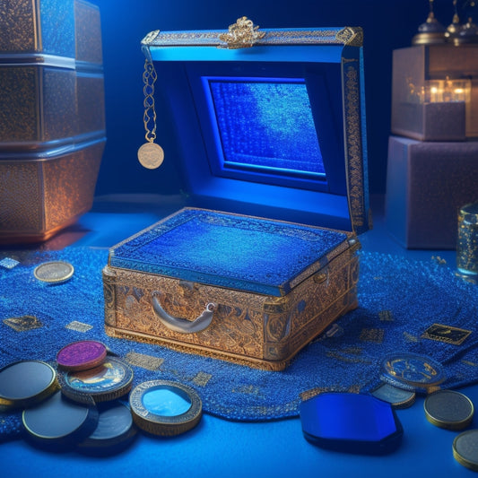 A treasure chest overflowing with shimmering gold coins, surrounded by laptops, smartphones, and tablets, with sparkling diamonds and jewels scattered around, set against a dark blue background with subtle circuit board patterns.