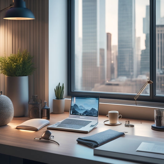 A minimalist illustration of a small, organized room with a laptop and smartphone on a clutter-free desk, surrounded by a few, carefully selected decorative items and a subtle cityscape outside the window.