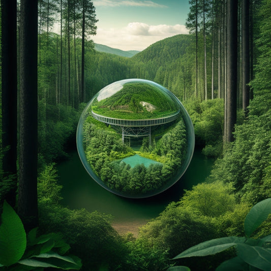 An illustration depicting a vibrant green earth surrounded by lush trees, with a subtle hint of industrial machinery in the background, symbolizing harmony between nature and technology.