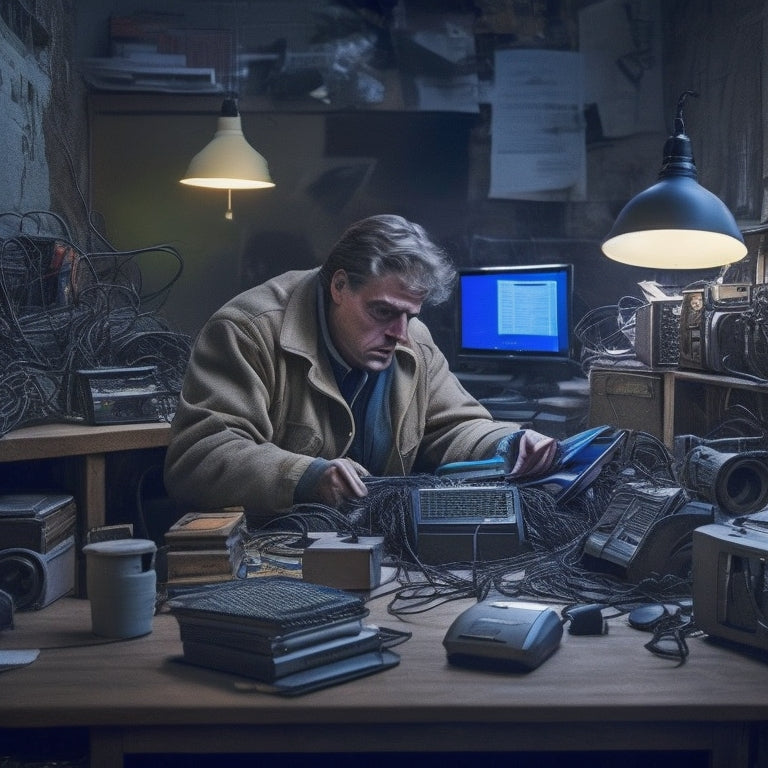 An overwhelmed person sitting at a cluttered desk, surrounded by tangled cords, broken devices, and stacks of old computers, with a faint glow of a laptop screen in the background.