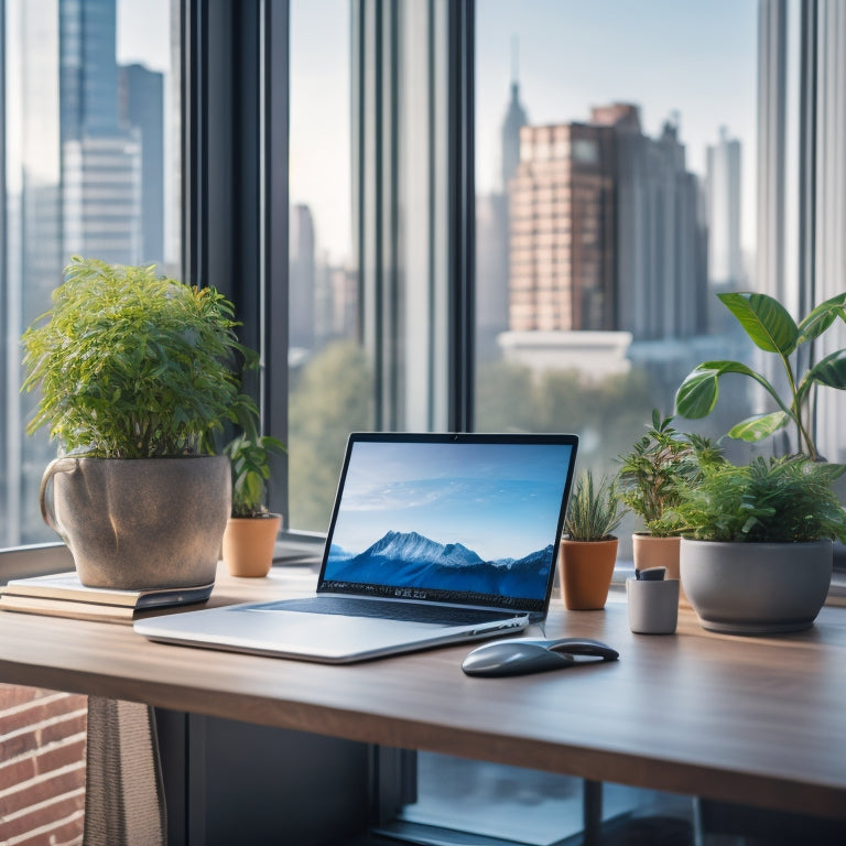 A serene, minimalist desk with a closed laptop, a tidy stack of color-coded files, and a few strategically placed plants, surrounded by a blurred background of bustling city life.
