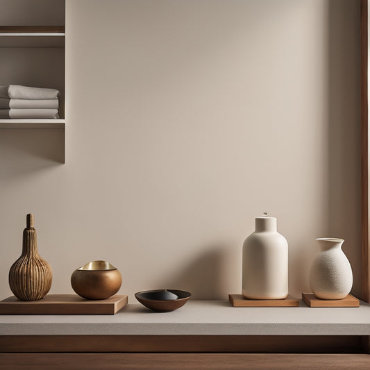 A serene, minimalist room with a few, carefully selected items on a shelf, surrounded by empty space, with a subtle, warm lighting and a hint of Japanese-inspired decor.