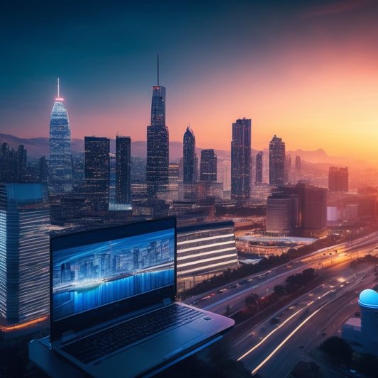 A futuristic, sleek cityscape at sunset, with towering skyscrapers and neon lights, featuring a giant, glowing lightbulb at the center, surrounded by orbiting laptop and tablet screens.