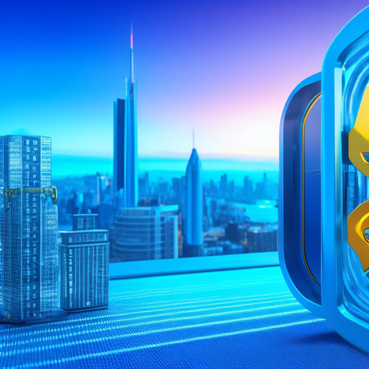 A stylized illustration of a key unlocking a padlock on a storage unit, surrounded by rising arrows and ascending graph lines, set against a bright blue background with subtle cityscape hints.