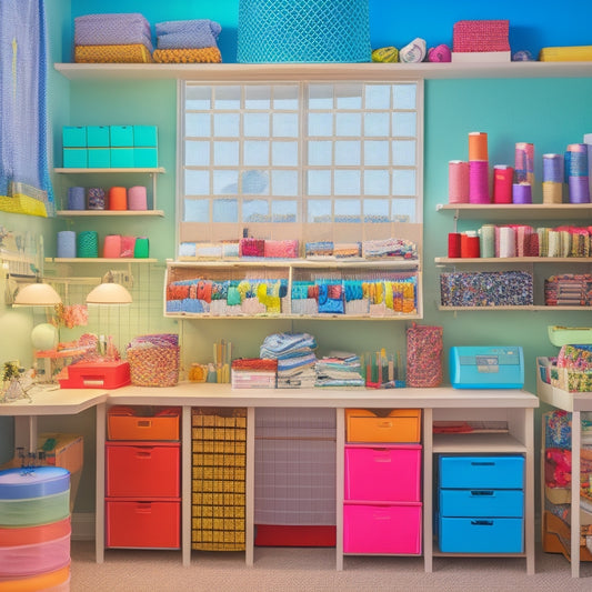 A tidy, well-lit sewing room with a pegboard holding colorful bundles of organized sewing patterns, accompanied by a few open drawers and shelves showcasing neatly folded and labeled fabric stacks.