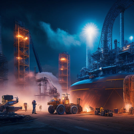 A futuristic industrial landscape with a large, sleek, silver Niles Steel Tank at its center, surrounded by sparks, welding robots, and engineers in hard hats, set against a dark blue sky with subtle neon lights.
